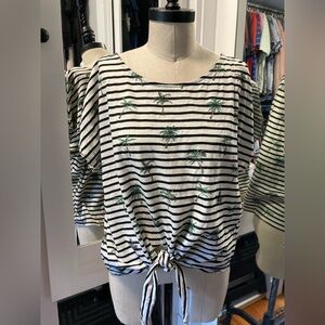 W5 Black and White Striped Palm Tree Top, Tie Front, Size Large
